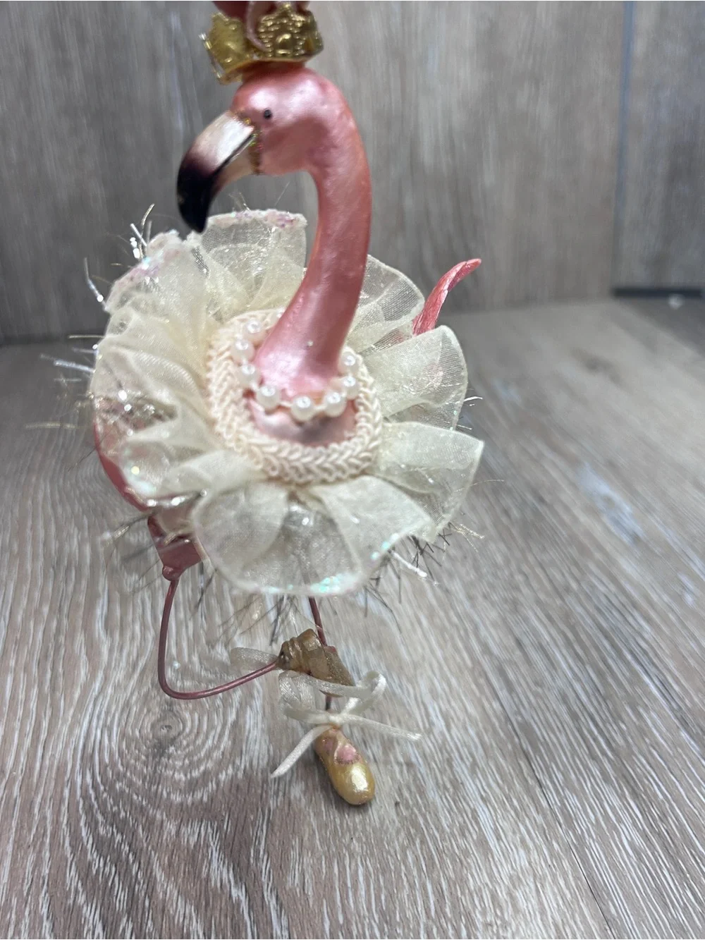 Vintage Pink Flamingo Ballerina Ornament with Cream Tulle Collar and Gold Crown